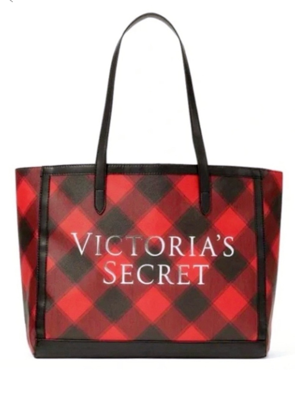 Victoria’s Secret Weekender Tote Bag Black & Red Plaid Silver Metallic Logo - Picture 1 of 8
